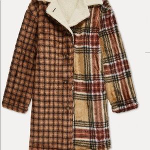 Something Navy Faux Fur Contrast Plaid Coat